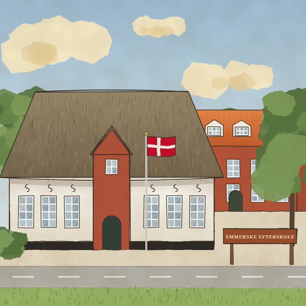 Tegning af Emmerske Efterskole set fra Aabenraavej: det hvidkalkede, stråtækte Emmerske Bedehus forrest og skolens røde murstensbygning bagved; Dannebrog vajer på flagstangen